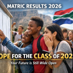 Here’s a shorter version: > *South African matriculants smiling as they check their exam results, with the national flag in the background.*