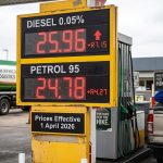 Fuel price board in South Africa displaying record-high diesel and petrol prices effective 1 April 2026.