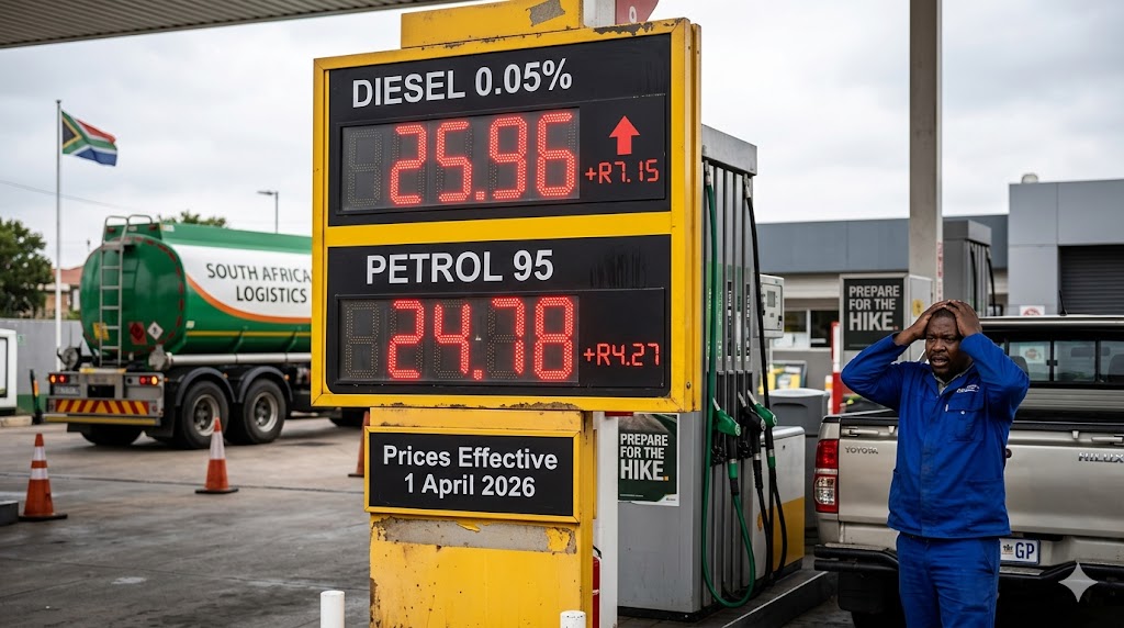 Fuel price board in South Africa displaying record-high diesel and petrol prices effective 1 April 2026.