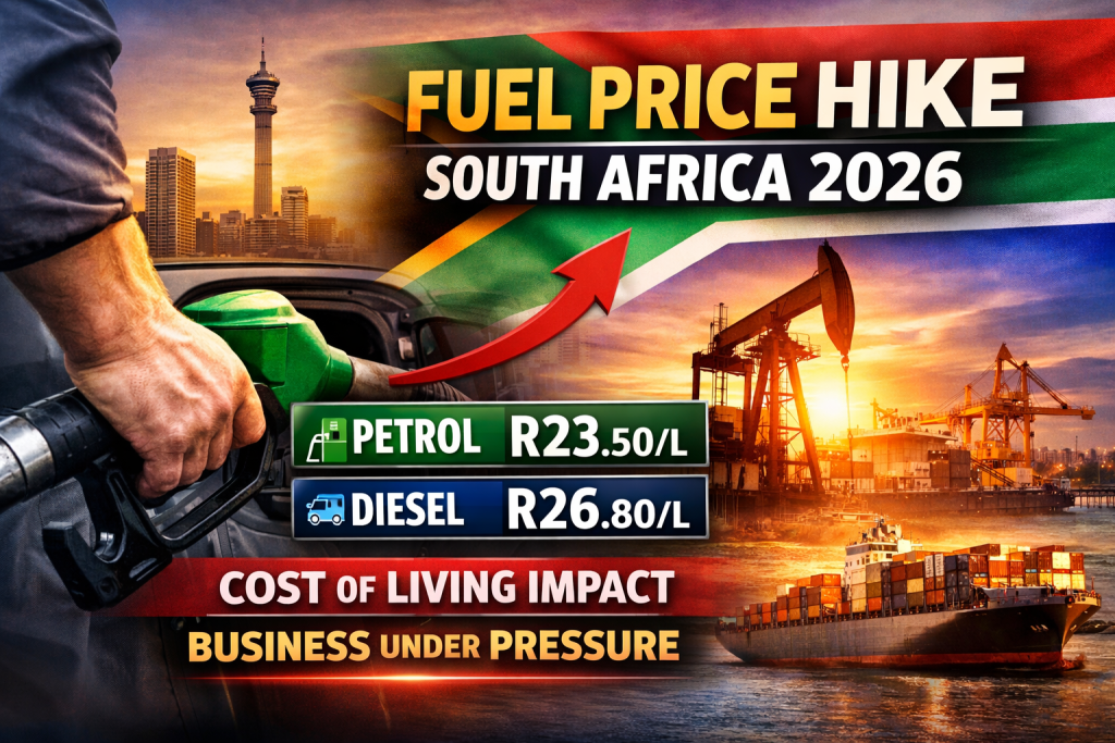 Digital news graphic showing rising fuel prices in South Africa (2026), with petrol nozzle, Johannesburg skyline, oil pump, and displayed petrol and diesel price increases highlighting cost of living pressure and business impact.