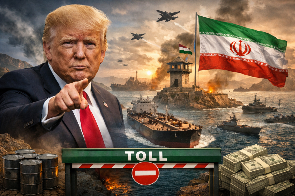 Donald Trump pointing amid a tense Strait of Hormuz naval conflict scene with warships, oil tankers, and Iran-U.S. tension symbolism.