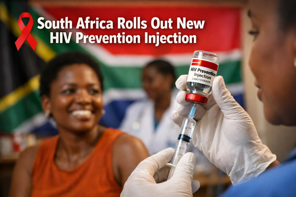 Healthcare worker giving HIV prevention injection in South Africa clinic.